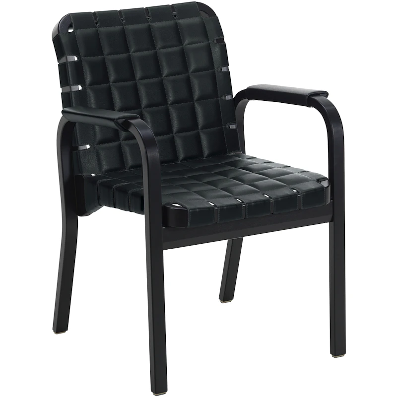 Armchair 45 Karmstol Svartlackerad yta, Klädsel i linne, Svartlackad Björk / Quiltat Läder Svart