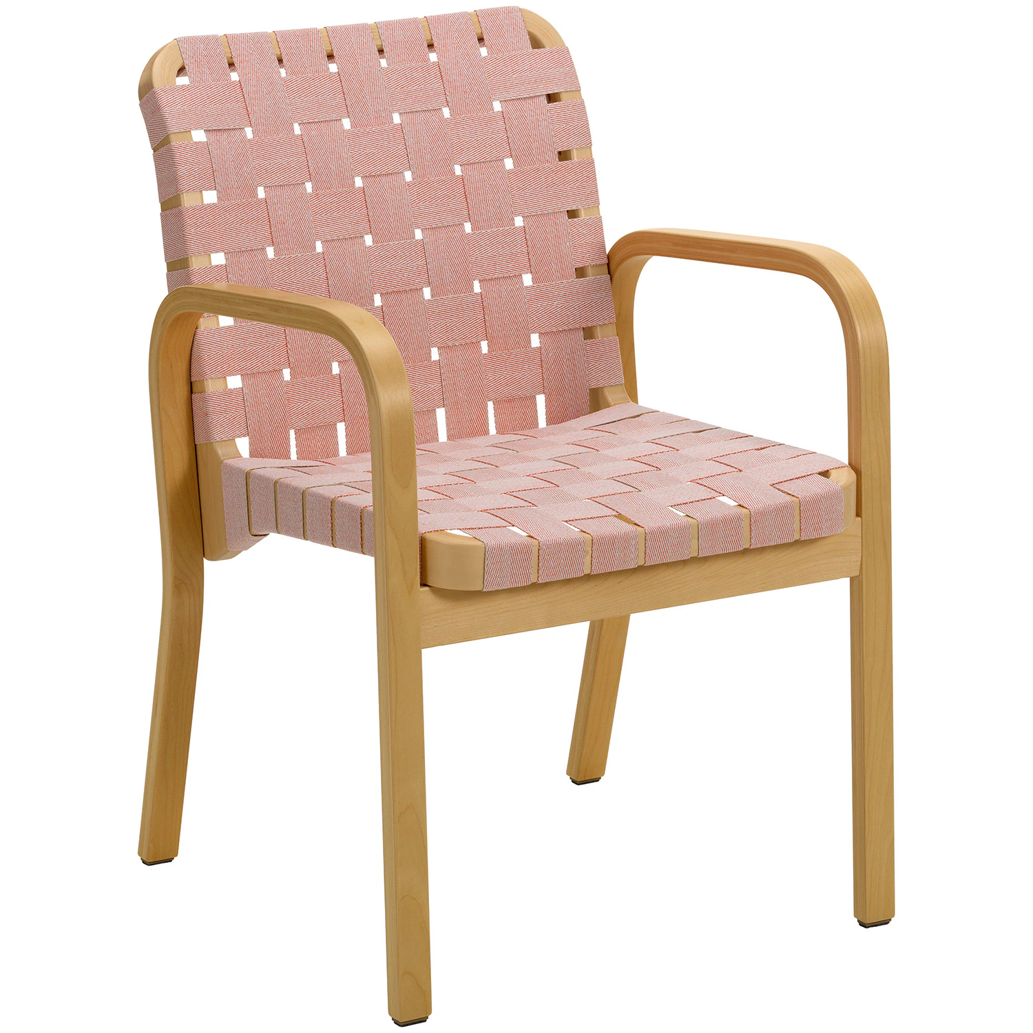 Artek Armchair 45 Frame Honey Stained Birch Seat/back Linen Webbing Natural/red Bare Armrest Felt Glides - Stolar Björk Röd