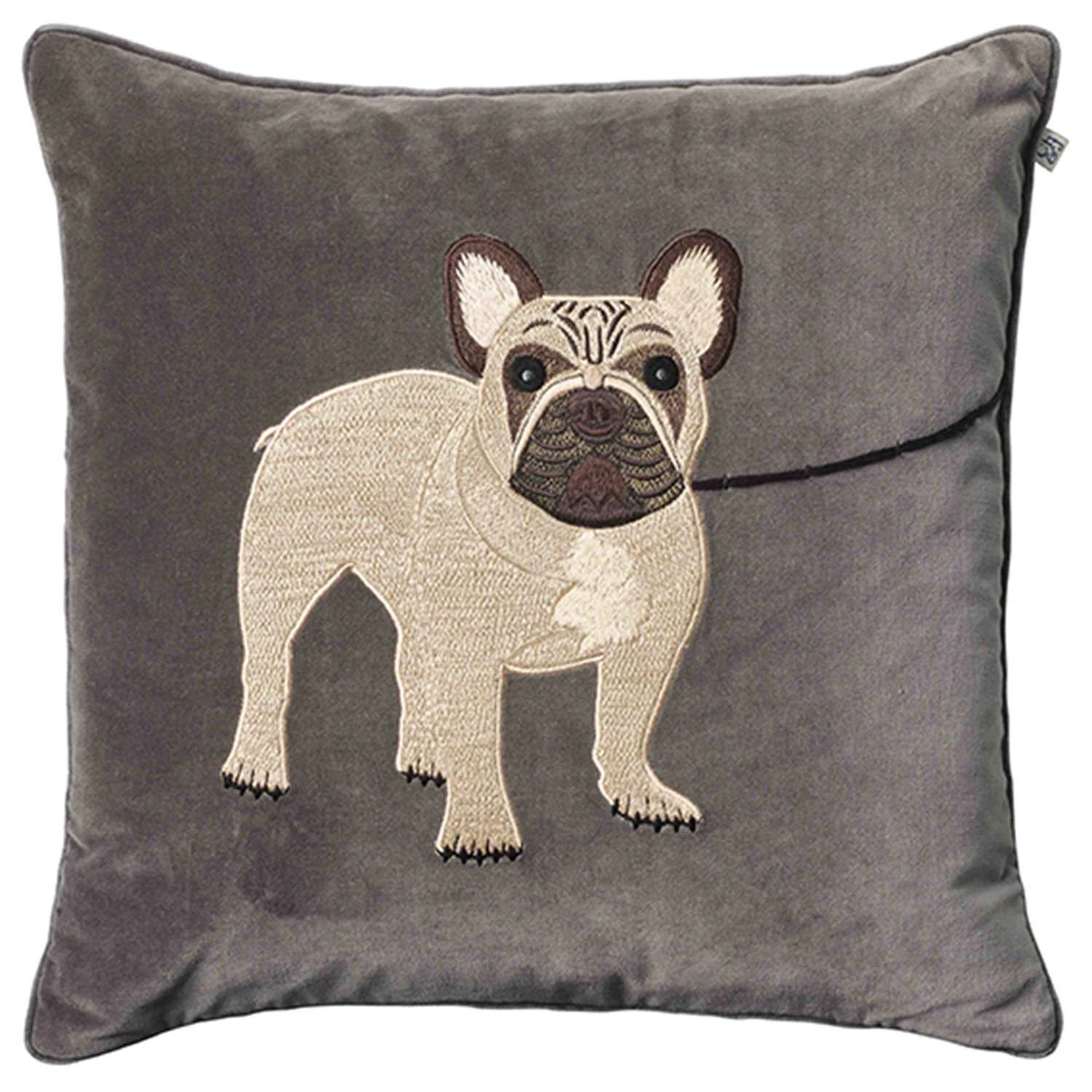 Chhatwal & Jonsson Embroidered French Bull Dog Kuddfodral 50x50 Cm Grey - Prydnadskuddar & Fodral Sammet Grå