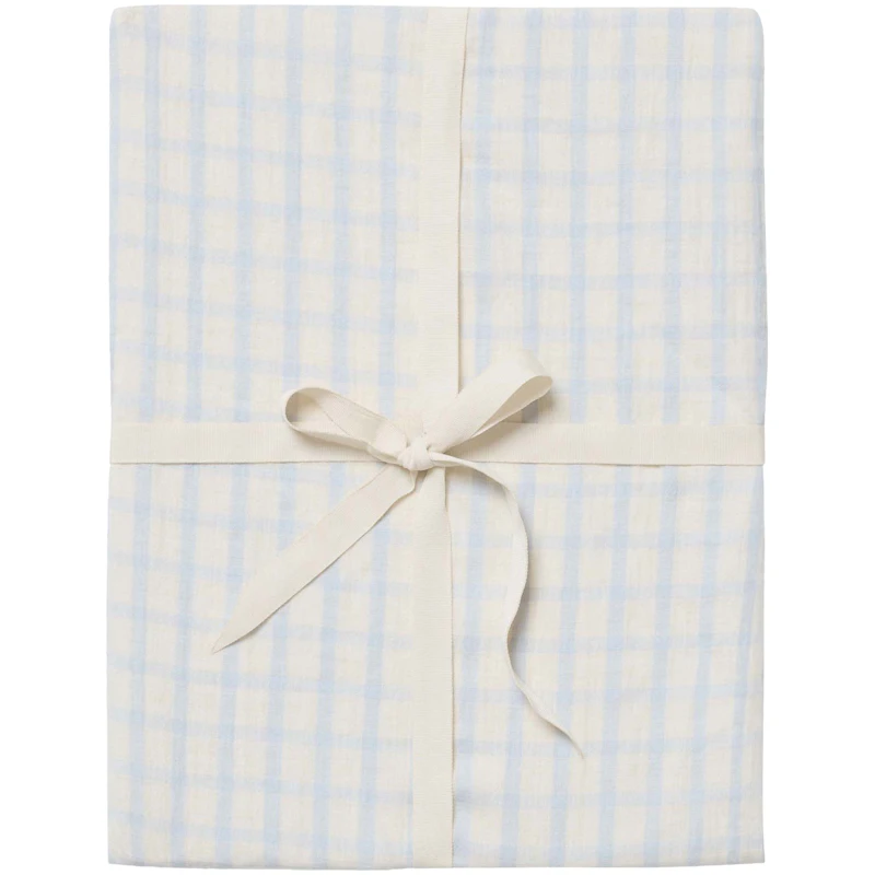 Gingham Sky Blue Muslin Dra-På-Lakan Dubbel, 160x200 cm