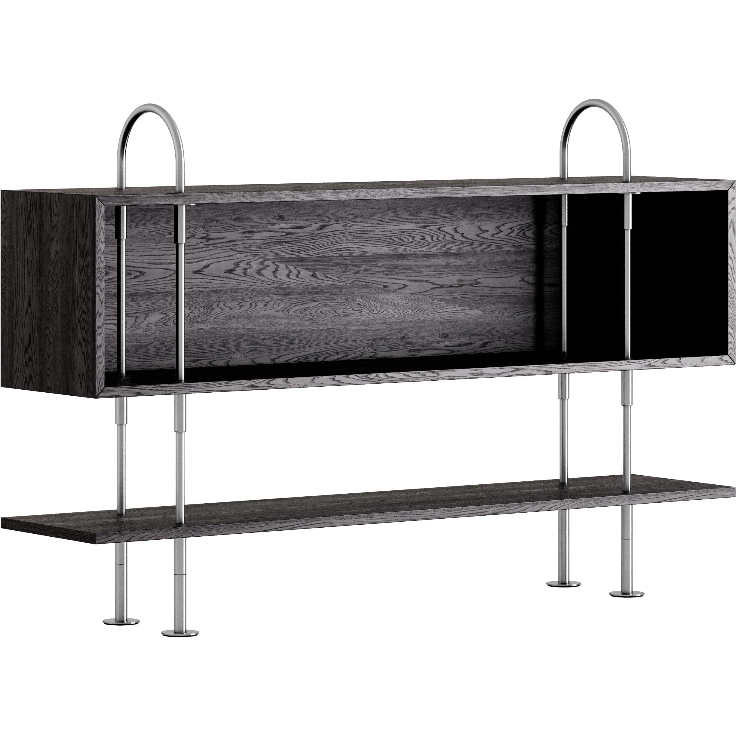 Gubi Keen Hyllsystem Med 1 Hyllplan / 1 Boxhylla 160 Cm Satinpolerat / Svartbrunbetsad Ask - Modulära hyllsystem Rostfritt Stål