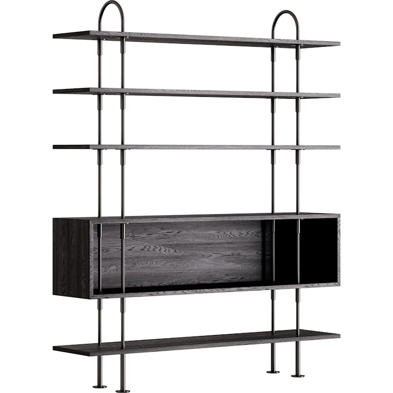 Keen Hyllsystem Med 4 Hyllplan / 1 Boxhylla 160 cm, Svart Mässing / Svartbrunbetsad Ask