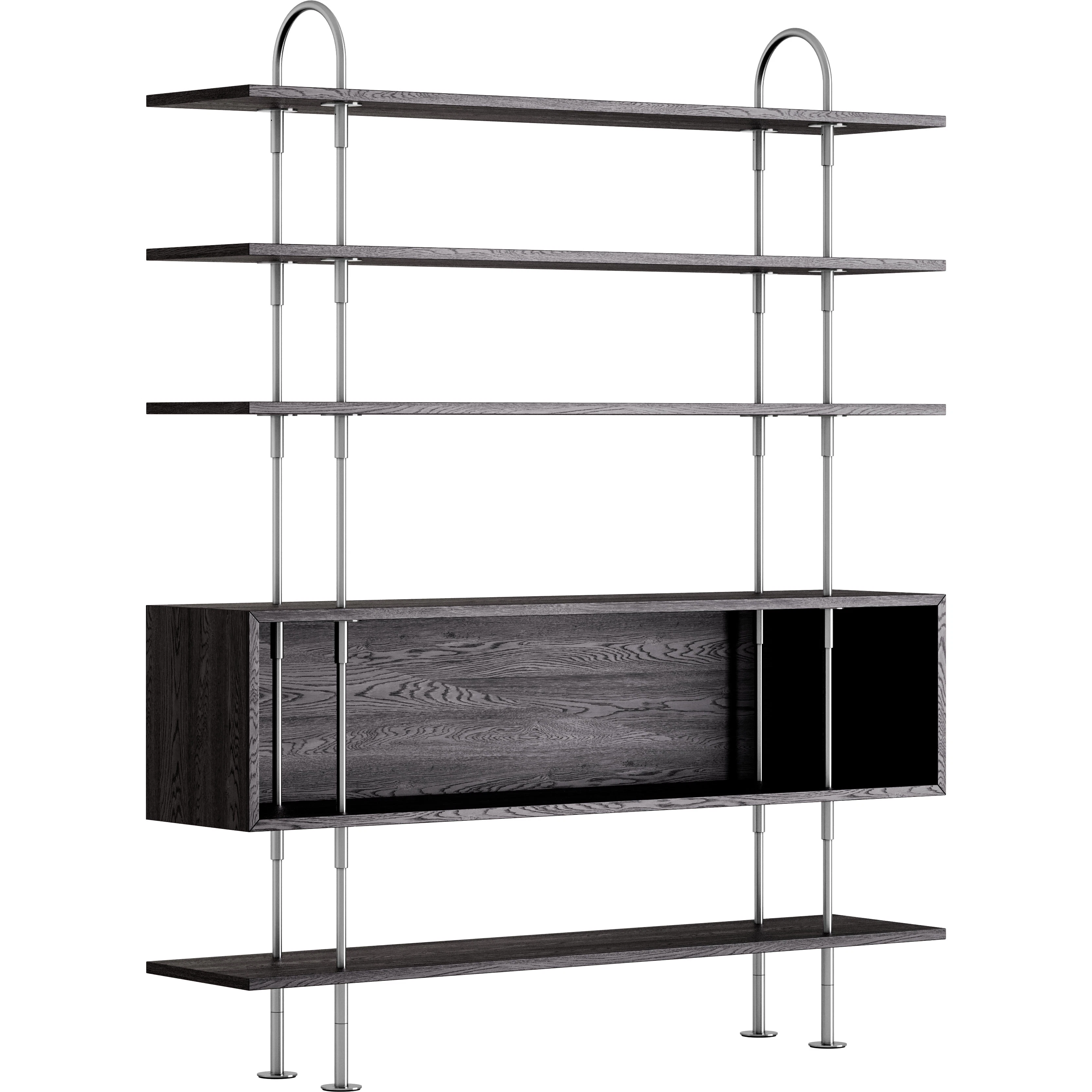 Gubi Keen Hyllsystem Med 4 Hyllplan / 1 Boxhylla 160 Cm Satinpolerat / Svartbrunbetsad Ask - Modulära hyllsystem Rostfritt Stål