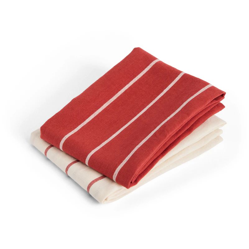 Outdoor Market Tea Towel Set of 2, Beige With Red Stripe