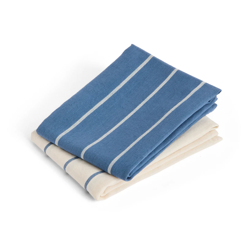 Outdoor Market Tea Towel Set of 2, Blue With Beige Stripe