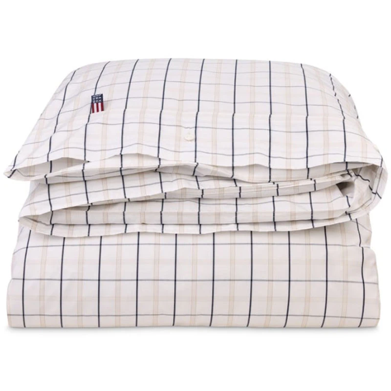Checked Cotton Poplin Påslakan Vit / Beige / Marinblå, 220x220 cm