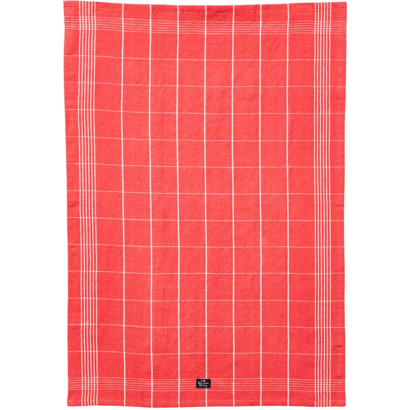 Checked Linen/Cotton Kökshandduk 50x70 cm, Korall/Vit