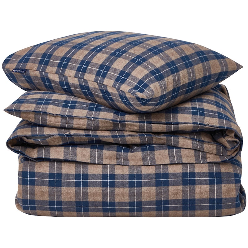 Checked Cotton Flannel Bäddset 150x210/50x60 cm, Denim Blue/Beige