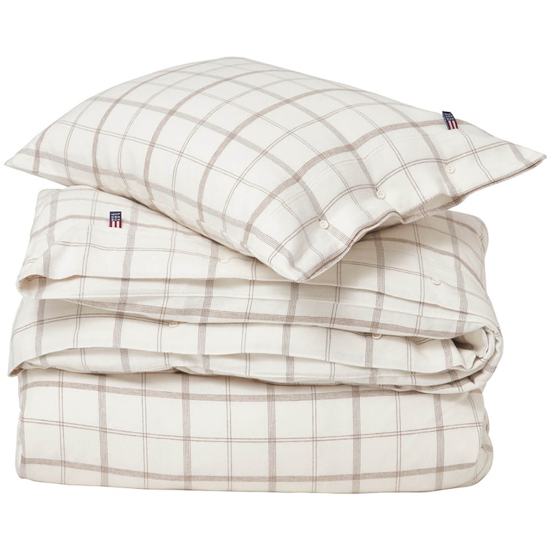 Checked Cotton Flannel Bäddset 150x210/50x60 cm, Vit/Brun