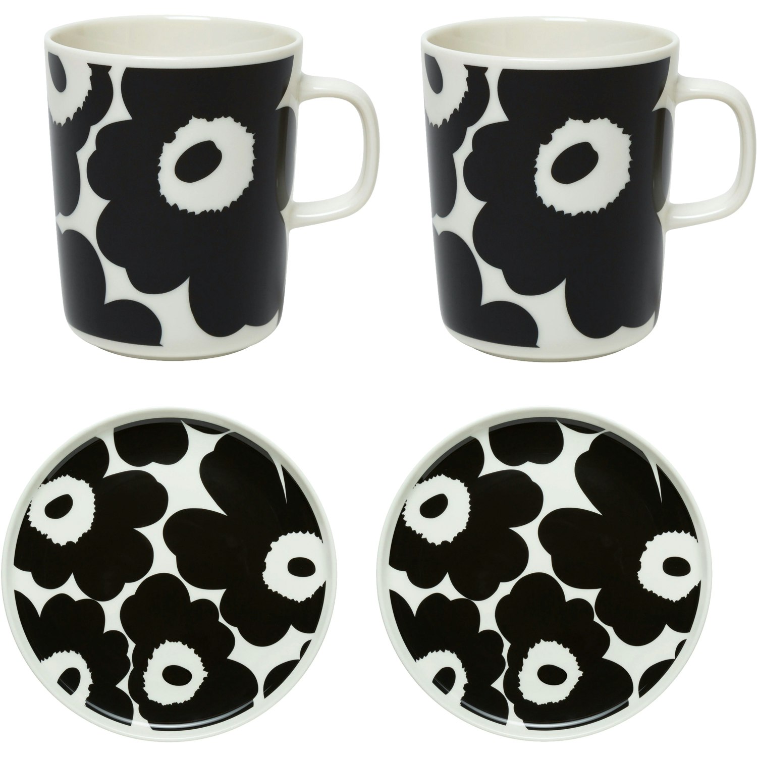 marimekko oiva/unikko tallrik 20 cm + mugg 25 cl 2-pack - stengods svart