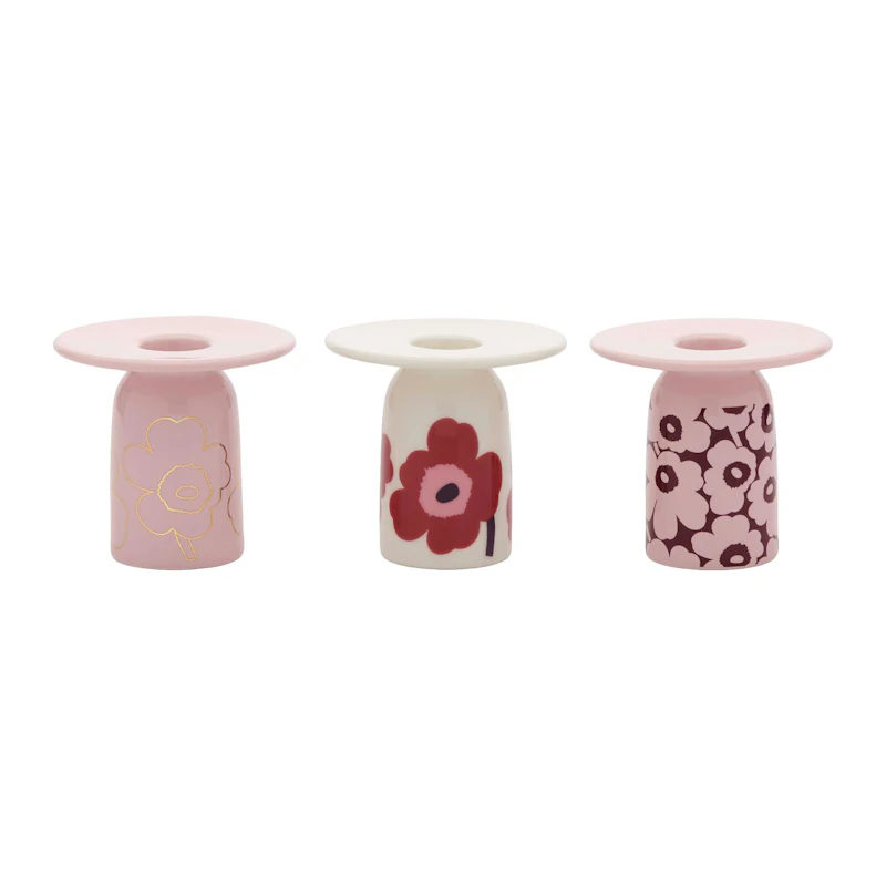 Unikko Ljusstake 3-pack, Rosa / Burgundy / Guld