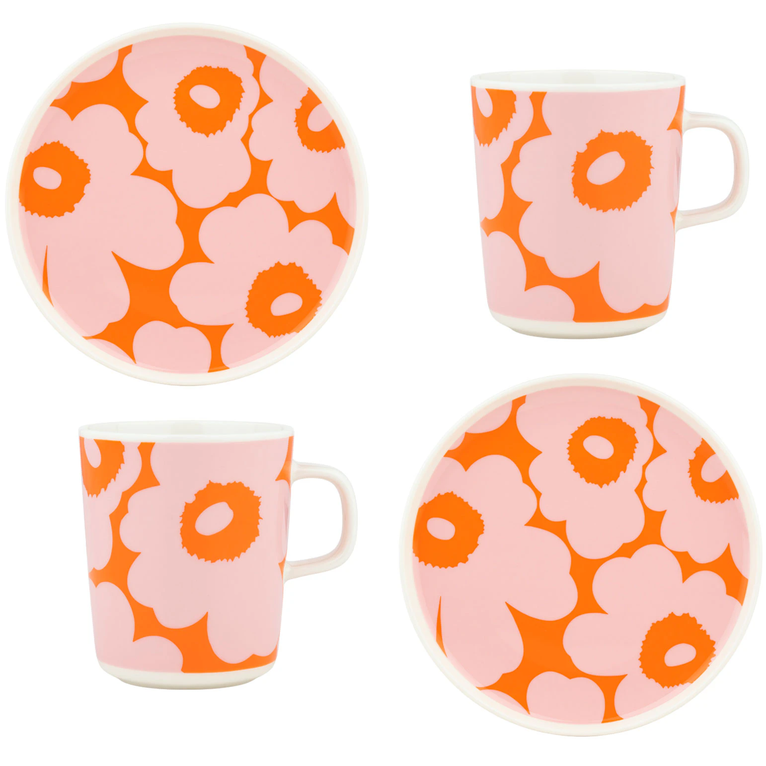 Marimekko Unikko Frukostset Oranger&ouml;d / Rosa - Kaffekoppar Stengods