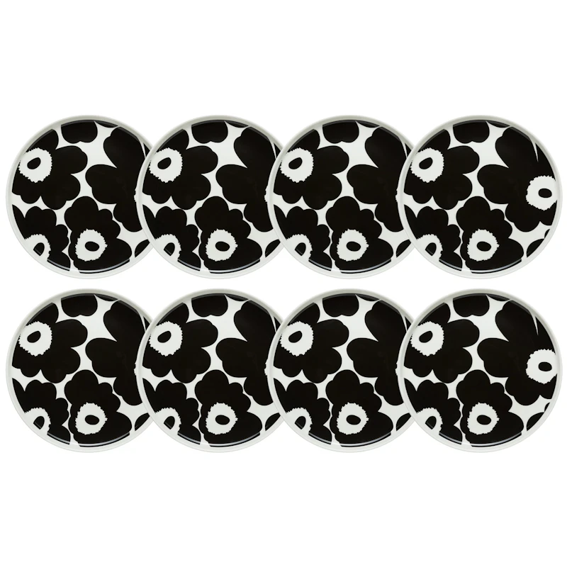 Oiva / Unikko Assiett 20 cm 8-pack, Svart / Vit
