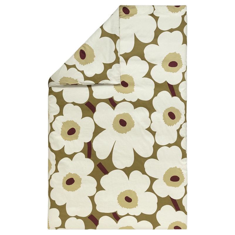 Unikko Sateen Påslakan 150x210 cm, Green Amber/Creme