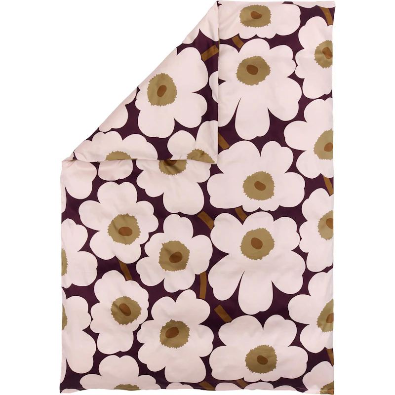 Unikko Satin Påslakan 150x210 cm, Plommon / Rosa / Toffee