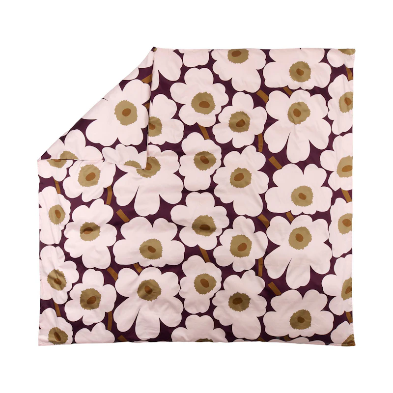Unikko Satin Påslakan 240x220 cm, Plommon / Rosa / Toffee