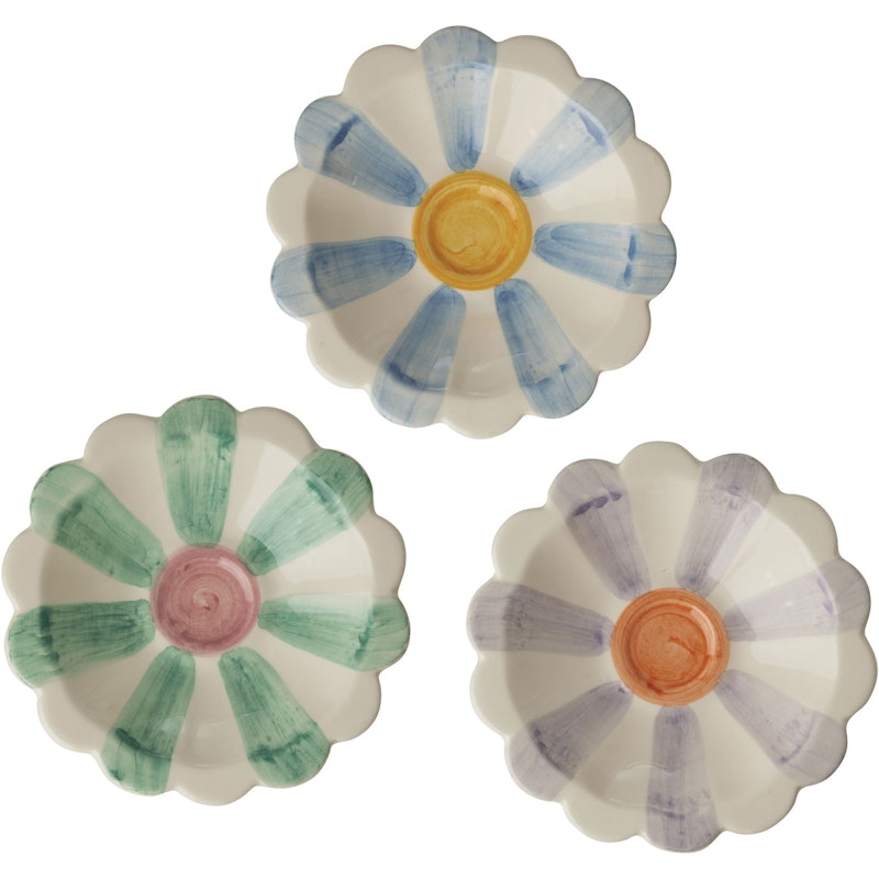 Flower Dippskål Med Handmålade Ränder Keramik 3-pack, Blå / Soft Green / Lavendel