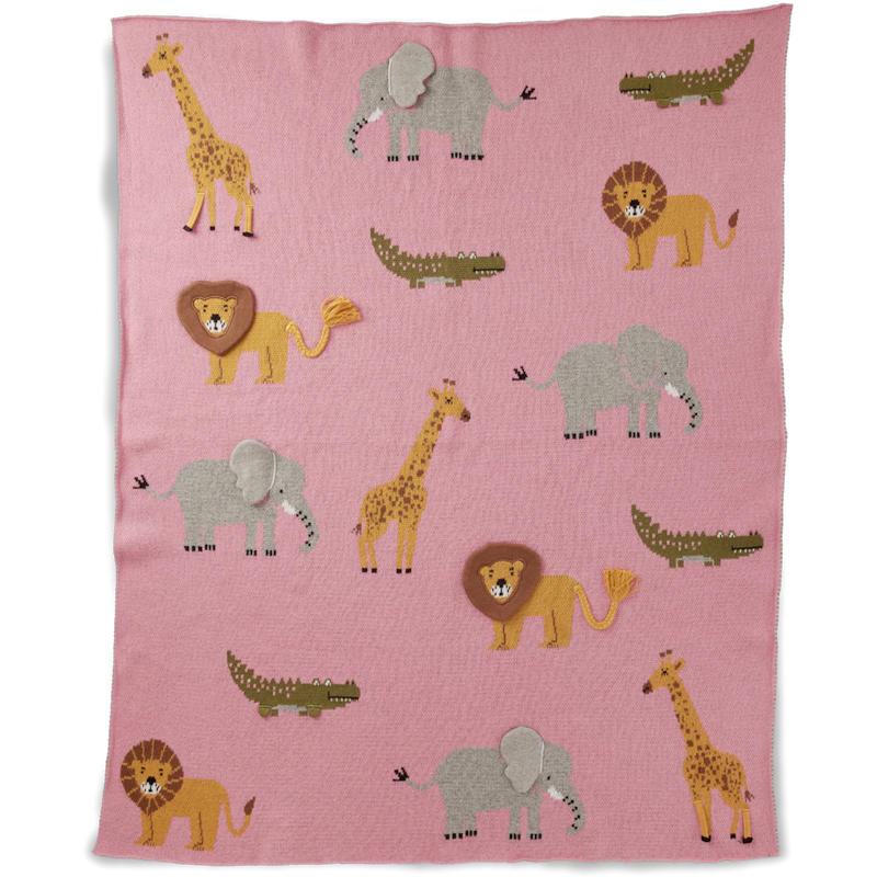 Babyfilt Stickad Med Djur & 3D-detaljar, Rosa