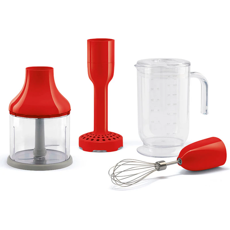 Mixer set om 4 - bägare, hackare, visp, mosare Röd