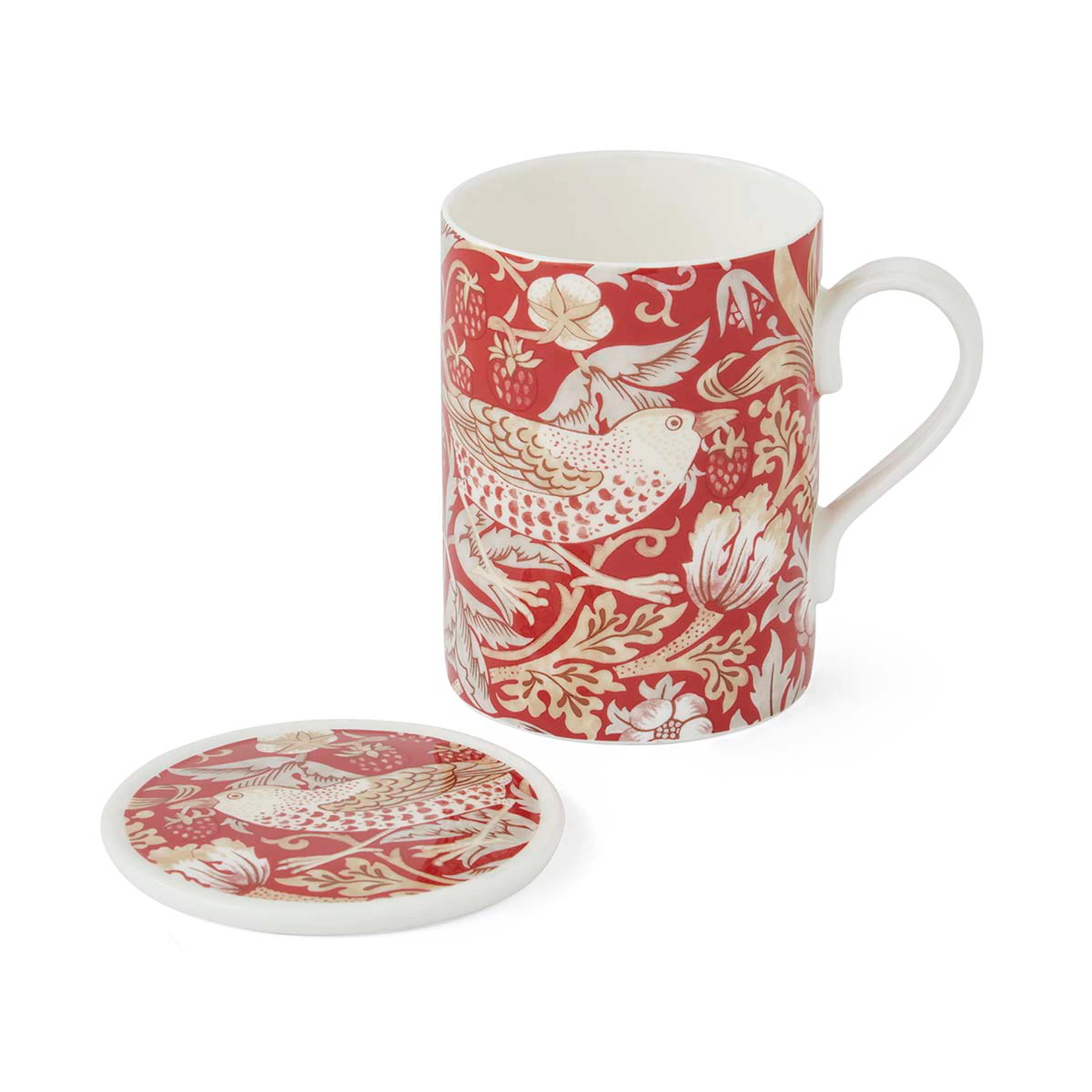 Spode William Morris & Co Mugg + Glasunderlägg Strawberry Thief / Indian Red - Kaffekoppar Porslin Multi