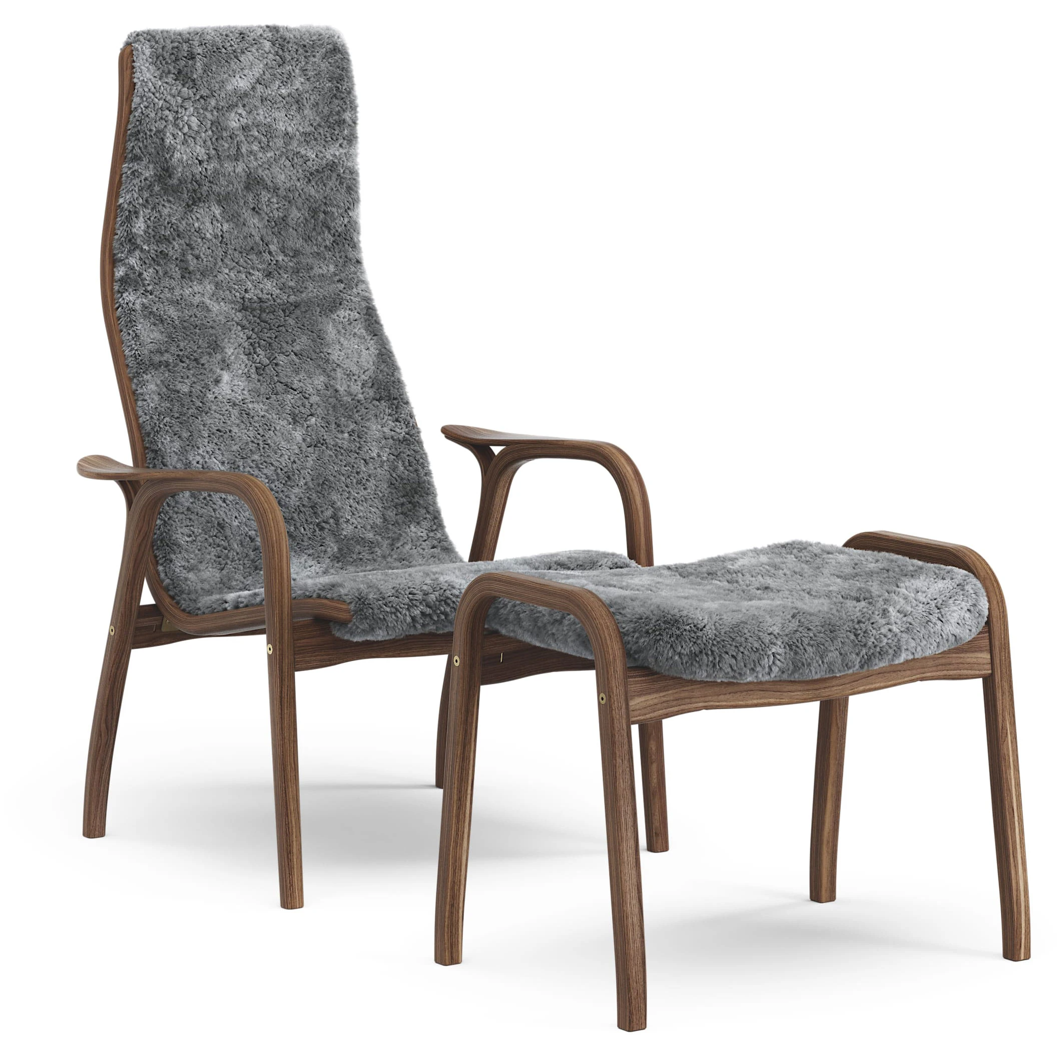 swedese lamino fåtölj med fotpall naturlackerad / fårskinn - valnöt scandinavian grey